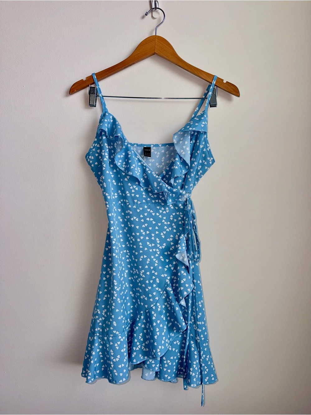 Light Blue Heart-Print Ruffle Wrap Mini Dress